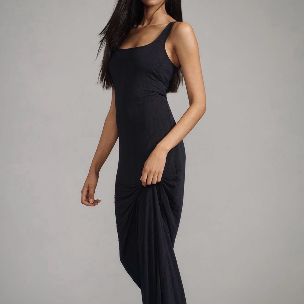 Anthropologie Black Ribbed Sheath Maxi Dress